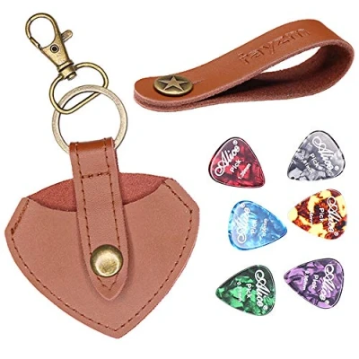 Image of Rayzm Keychain Guitar Picks Holder with 6pcs Picks, Leather Plectrums Case Bag, Headstock Strap Button Tie for Acoustic/Electric/Bass Guitars