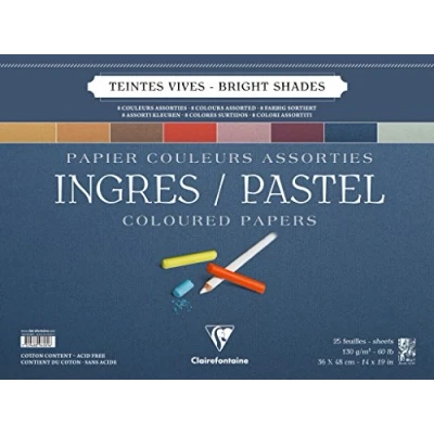 Image of Clairefontaine Ref 96589C Ingres Pastel Colour Wirebound Pad (25 Sheets) 36 x 48cm Size, Cotton Content, Acid Free, 130gsm Paper Assorted Bright Colours