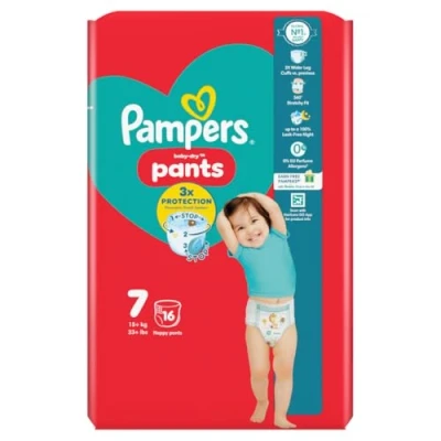 Image of Pampers Baby Dry Nappy Pants Size 7, 16 Nappies, 17kg+, Carry Pack
