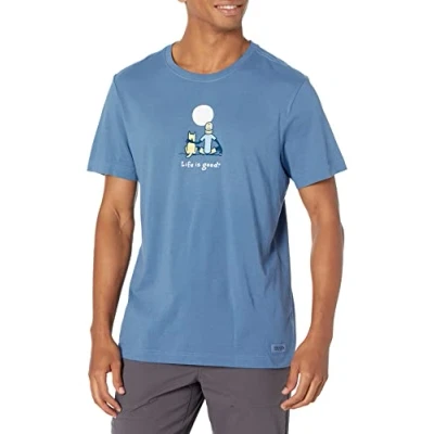 Image of Life is Good Unisex&#039;s Crusher Tee, Short Sleeve Cotton Graphic T Shirts, Jake and Rocket Moon, Vintage Blue, S