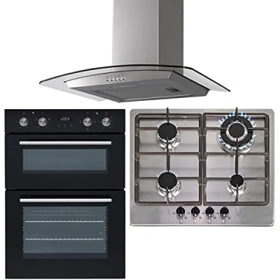 Image of SIA 60cm Built in Double Oven, Stainless Steel 4 Burner Gas Hob &amp; Cooker Hood