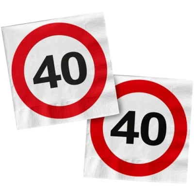 Image of Folat 28374 Napkins 40th Birthday Red White Traffic Sign 33 x cm Pack of 20 Paper Table Decoration