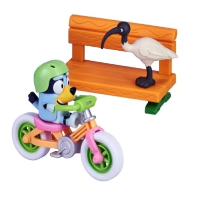 Image of Bluey&#039;s Bicycle Playset; Official 2.5 3 inch Collectable Bluey Action Figure Including Bike, Helmet, Bench and Bin Chicken Accessories