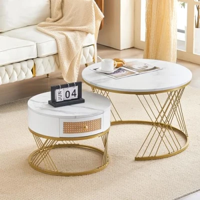 Image of ModernLuxe 2 in 1 Coffee Table, Round Nest of Tables, Multi functional Side Table with Rattan Drawers Gold Metal Frame Legs and Marble Pattern White Top, Nesting Tables for Living Room Bedroom,