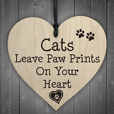 Image of RED OCEAN Cats Leave Paw Prints On Your Heart Shaped Wooden Hanging Plaque Cat Lovers Sign