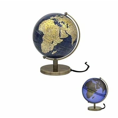 Image of The Leonardo Collection Blue &amp; Gold Light Up Rotating Globe, Perfect for Home or Office, H34cm