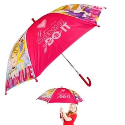 Image of Disney Princess Kids Umbrella, Plastic Easy Grip Handle Compact Umbrella Windproof Strong, Polyester Cover Travel Gift Brolly Boys Girls, Auto Safety Opening Stick 70cm