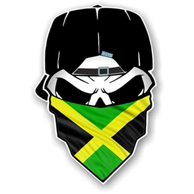 Image of Gothic Biker Skull With Bandana &amp; Jamaica Jamaican Flag Vinyl Car Sticker Decal 85x125mm