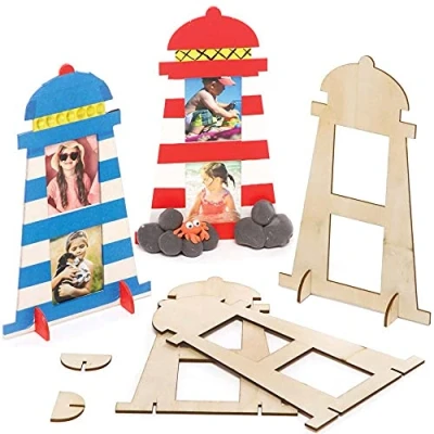 Image of Baker Ross FE315 Lighthouse Wooden Photo Frames Pack of 4, Make Your Own Picture for Kids to Decorate and Display