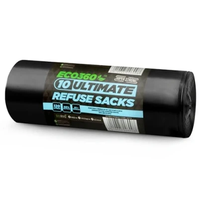 Image of EcoBag 10 Pack Heavy Duty Bin Bags 120L 60 Microns Recyclable, Leak Resistant, Eco Friendly Rubbish Bag Sustainable Refuse Sack for Home, Office &amp; Kitchen (812 x 1000mm)