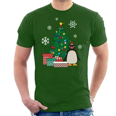 Image of Pingu Around The Christmas Tree Men&#039;s T Shirt Bottle Green
