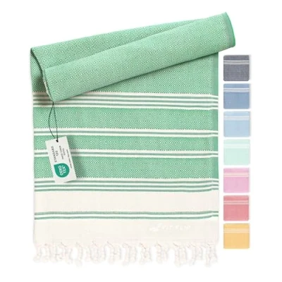 Image of hammam towel beach XXL made from 100% recycled cotton Quick drying Turkish towels, fouta, pestemal towels ideal as a blanket Green 100x200cm Diamond