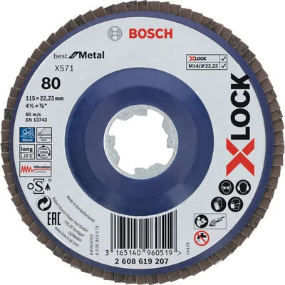 Image of Bosch Professional 1x Straight Flap Disc Best (for Metal, X LOCK, X571, Diameter 115 mm, Grit Size K80, Bore 22.23 Accessories for Angle Grinders)