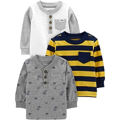 Image of Simple Joys by Carter&#039;s Baby Boys&#039; Long Sleeve Shirts, Pack of 3 T, Grey Dinosaur/White/Yellow Stripes, 5 Years