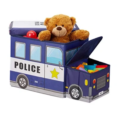 Image of Relaxdays Children’s Storage Ottoman, Lidded Toy Box, Folding, Boys &amp; Girls, Police Design, 50 litres, Dark Blue, 33 x 27 56 cm