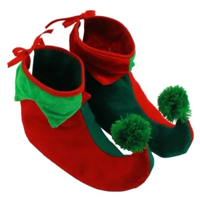 Image of Elf Shoes Red and Green Boots With Stuffed Curled Toes Christmas Fancy Dress Shoe Accessory Santa Little Helper Elves Covers