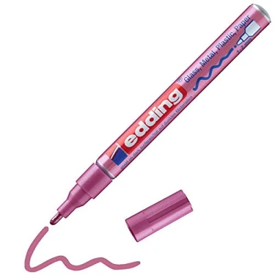 Image of edding 751 gloss paint marker pink metallic 1 round nib 2 mm pen for glass, pebbles, wood, plastic, paper waterproof, high coverage