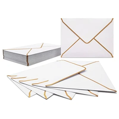 Image of 50 PCS Invitation Envelopes 18.5 x 13.5 cm, White 5 7 Inch V Flap Mailing Card Quick Seal with Gold Border for Birthday, Weddings, Graduations, Greeting Cards