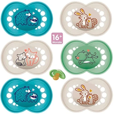 Image of MAM Day &amp; Night // Latex Original Dummy Air 16+ Mo. Boy Mix Set of 6 Incl. 3 x Sterilised Transport Boxes