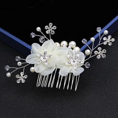 Image of Cubahop Bride Wedding Flower Hair Comb Slides Silver Bridal Crystal Accessories Rhinestones Floral Headpieces for Women and Girls