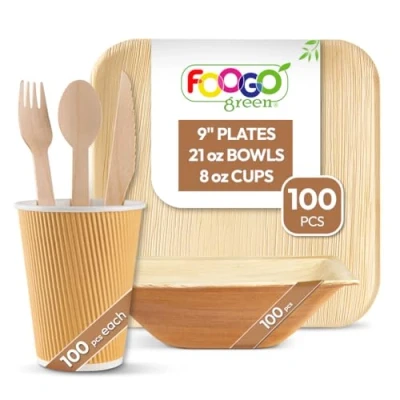 Image of FOOGO Green 600pcs Disposable Palm Leaf Plates and Bowls, Paper Cups Wooden Cutlery Set, FSC® Certified, 100x Large Plates, Cups, 100xForks, 100xKnives, Spoons, Eco Friendly
