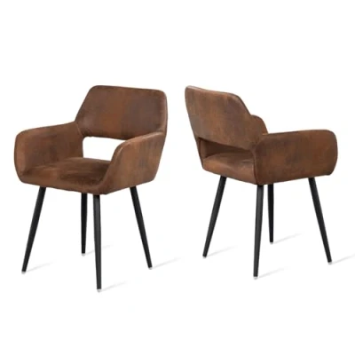 Image of MEUBLE COSY Dining Chairs Set of 2 with Arms Suede Upholstered Seat Backrest Armchair for Dressing Table Desk Lounge Living Room Kitchen Bedroom Home Office, Metal Legs, Brown, 56x56x78cm