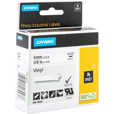 Image of Dymo Rhino 9mmx5.5m Black on White Vinyl Tape