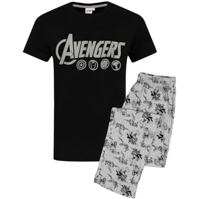 Image of Marvel The Avengers Pyjamas For Men Logo Grey Lounge Pants &amp; Black T Shirt Set Superhero Gifts Merchandise