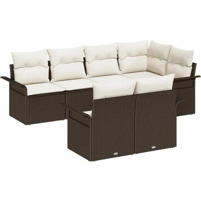 Image of vidaXL 7 Piece Garden Sofa Set with Cushions in Brown Poly Rattan
