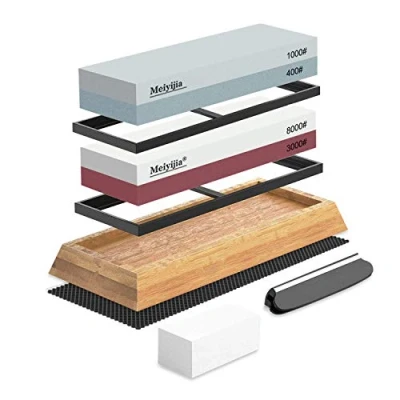 Image of Meiyijia Knife Sharpener, Premium 2 in 1 Whetstone Waterstone Kit, 4 Grits, Non Slip Bamboo Base, Angle Guide, Repairing Stone, for Kitchen Knives, Pocket etc.