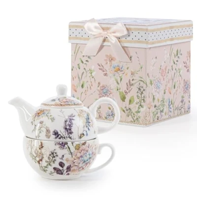Image of EHC Bell Flowers Design Porcelain Tea for One Pot with Handle, Microwave Safe, Oven Dishwasher Safe,Gift Boxed, 490/Cup 320ml