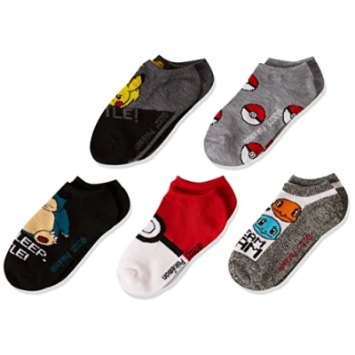 Image of Pokemon Boys&#039; 5 Pack No Show Socks Casual, Black Grey Multi, 6 8.5