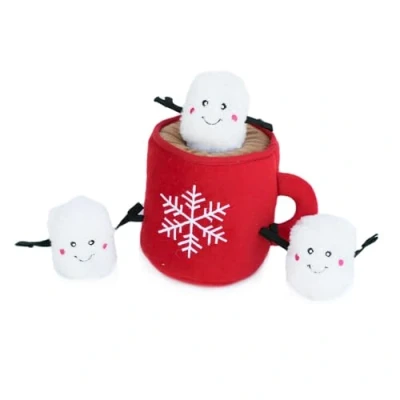 Image of ZippyPaws Holiday Burrow, Interactive Squeaky Hide and Seek Plush Dog Toy Hot Cocoa Marshmallows