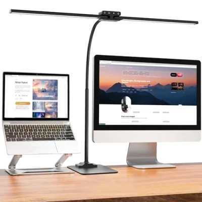 Image of EppieBasic Desk Lamp with Base, 24W Led Double Head for Home Office, Eye Caring Architect Task Lighting, Dimmable Dual Bar Light Monitor Work, Study, and Reading