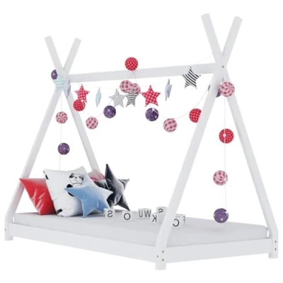 Image of vidaXL Kids Bed Frame White Solid Pine Wood Tipi Style Tent Inspired for Added Fun and Comfort Easy Assembly Fits Mattress 80 x 160 cm
