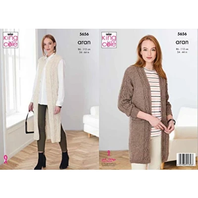Image of Knitting Pattern Ladies Long Cable Jacket and Waistcoat in Forest Aran 5656 King Cole