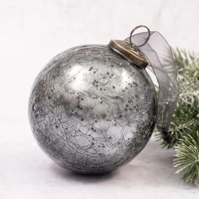 Image of Arthur Cameron Crackle Glass Christmas Tree Bauble Hanging Ball Decoration (4&quot;, Slate)
