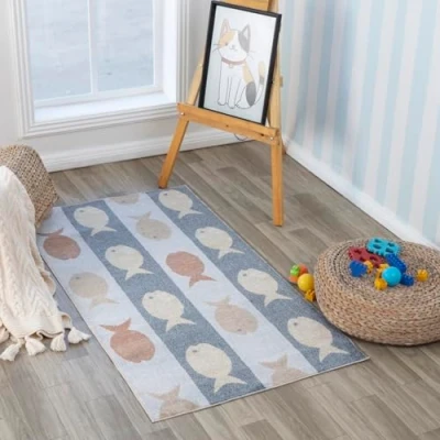 Image of Livabliss Fish Washable Kids Rug Childrens for Bedroom 80x150 cm , Machine Animal Girls &amp; Boys Rug, Playroom and Nursery Rugs Girl or Boy Baby Carpet, Cream