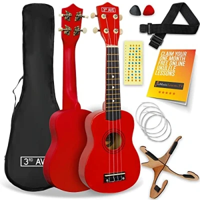 Image of 3rd Avenue Soprano Ukulele 21 Inch Beginner Pack Bundle Bag, Stand, Strap, Strings, Picks and Fret Stickers Red with FREE 1 Month Online Lessons