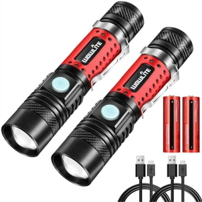 Image of wowlite LED Torch [2 Pack], Torches Super Bright Powerful USB Rechargeable Flashlight, 4 Light Modes, Zoomable, Pocket for Camping Hiking Gift (Red)