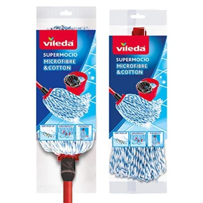 Image of Vileda SuperMocio Microfibre and Cotton Mop with Extra Refill, Red