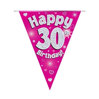 Image of Party Bunting Happy 30th Birthday Pink Holographic 11 flags 3.9m