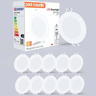 Image of paul russells LED Ceiling Downlights, 4W Slim Recessed Bathroom Kitchen Ceilings, 300 Lumens, 6500K Bright Daylight, Cutout 70 80mm, Round Non Dimmable Panel Spotlights, 10 Packs