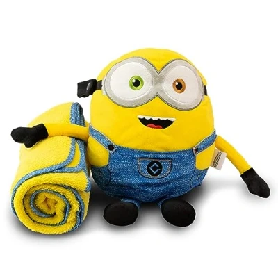Image of Roamwild Universal Despicable Me Bob Minions Kids Travel Pillow and Blanket Set Soft Plush Armrest Buddy Transforms Any Into a Comfy Childs for Travelling