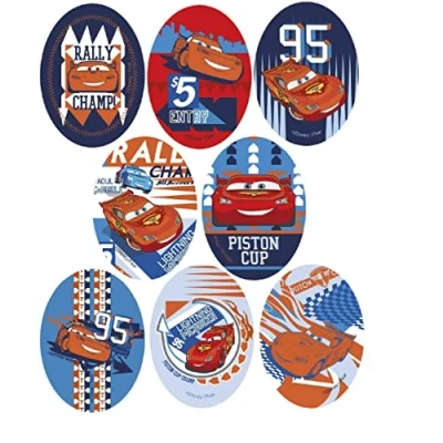 Image of 8 Screen Printed Children&#039;s Patches for Ironing onto Clothes. Heat Adhesive Applications Repairing and Decorating Trousers, Jackets, Jumpers, Backpacks, etc. (Lightning McQueen)