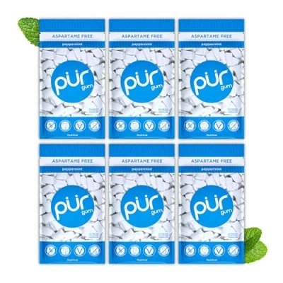 Image of PUR Gum Sugar Free Chewing Made with Xylitol Vegan, Aspartame Free, Gluten and Keto Friendly Natural Peppermint Flavoured Gum, 55 Pieces (Pack of 6)