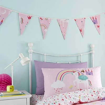 Image of Happy Linen Company Girls Kids Unicorns Princess Rainbows Pink 3.1 Metre Double Sided Bedroom Bunting Banner Triangle Flags