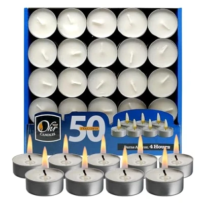 Image of Ohr Tealight Candles Bulk Tea Light Pack of 50 White Unscented Lights 4 Hour Burn Time