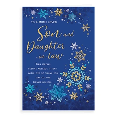 Image of Piccadilly Greetings Classic Christmas Card Son &amp; Daughter in Law Regal Publishing, C85456, Blue, 9 x 6 inches