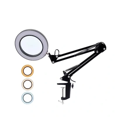 Image of NEW FLASH LED Magnifier Lamp, 5X Magnifying Glass Desk Lamp with Clamp, 3 Colors Illuminated &amp; 10 Dimmable Brightness, USB Powered 370mm Adjustable Metal Swivel Arm Light (Black, 12W)
